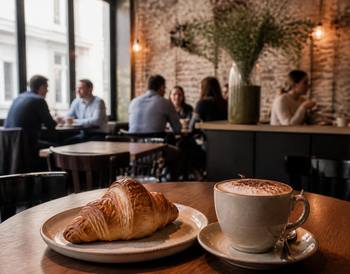 Koffie en een vers gebakje op tafel