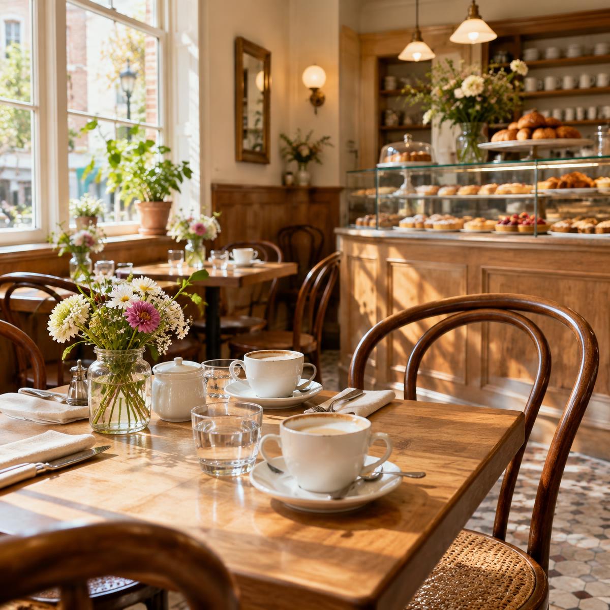 Warme bistrosfeer met koffie en gedekte tafels